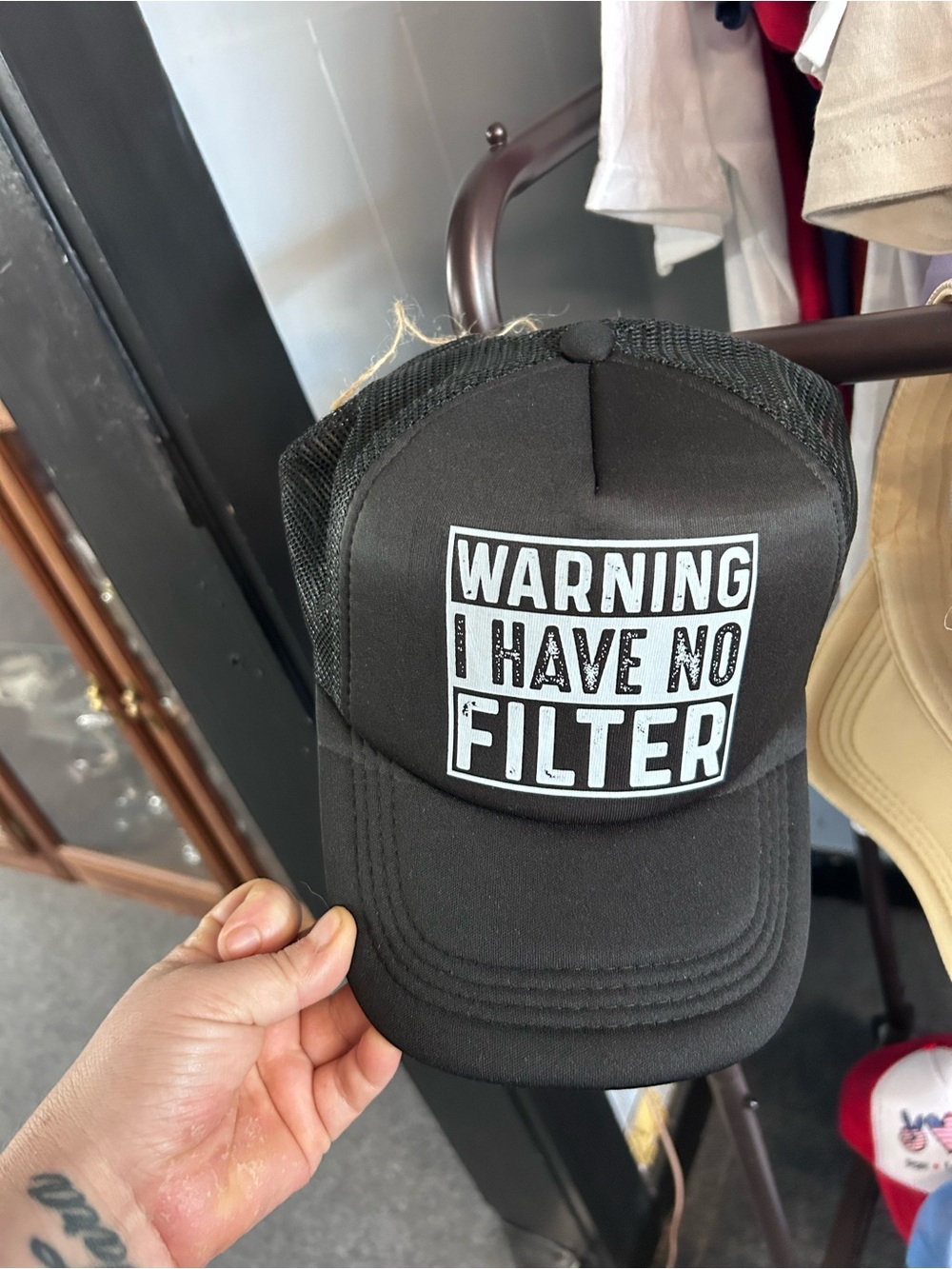 Black Trucker Hat - "Warning I Have No Filter" Patch
